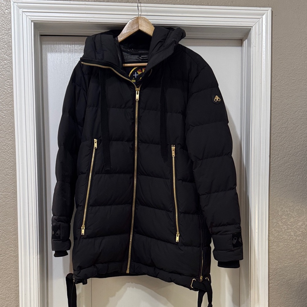 Moose Knuckles Black Puffer Coat with Gold Accents